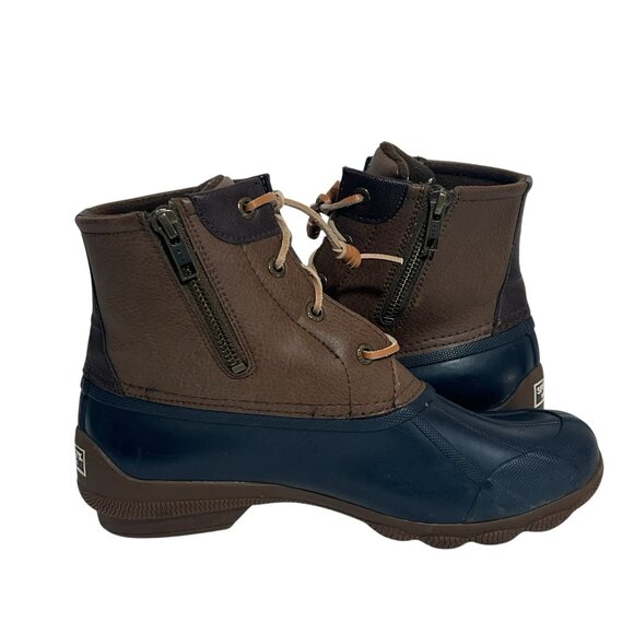SPERRY Women’s Waterproof Rubber Boot Size 7.5 CHELSEA Rain Bootie Navy Brown - Picture 4 of 10